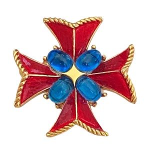 Trifari • Maltese Cross Brooch Sapphire Gripoix Cabochon Red Enamel Gold Tone